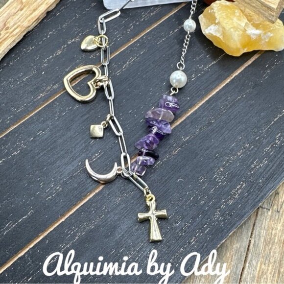 Purple gemstones amethyst pearl charms necklace